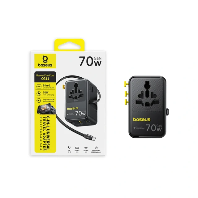 Адаптер подорожній Baseus EnerCore CG11 70W 6в1 зі згортаючим кабелем USB-C Black (6932172696474)