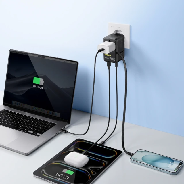 Адаптер подорожній Baseus EnerCore CG11 70W 6в1 зі згортаючим кабелем USB-C Black (6932172696474)