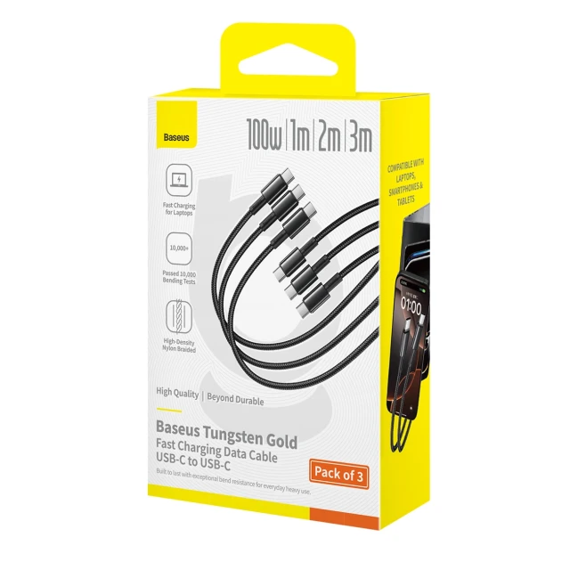 Набір кабелів Baseus Tungsten Gold 100W USB-C - USB-C 1m 2m 3m Black (6932172698096)
