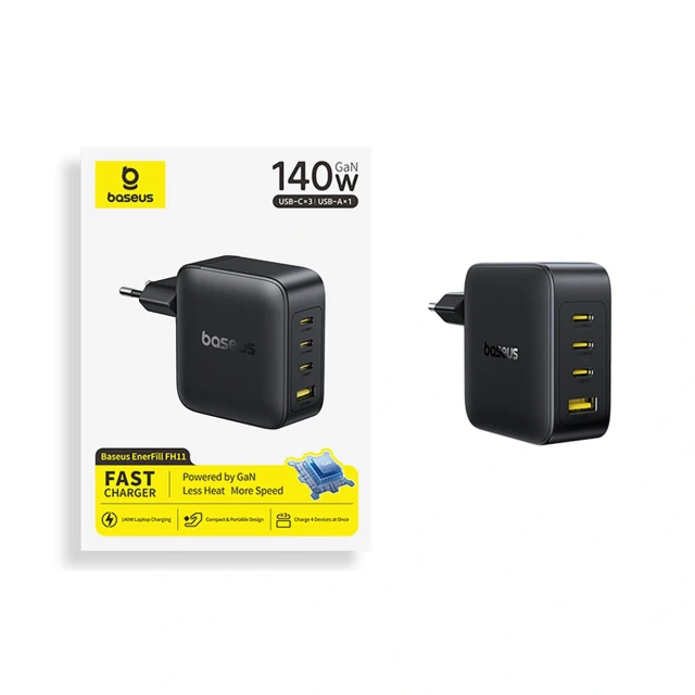 Мережевий зарядний пристрій Baseus EnerFill FH11 GaN 140W 3xUSB-A + 1xUSB-C чорний (6932172698812)