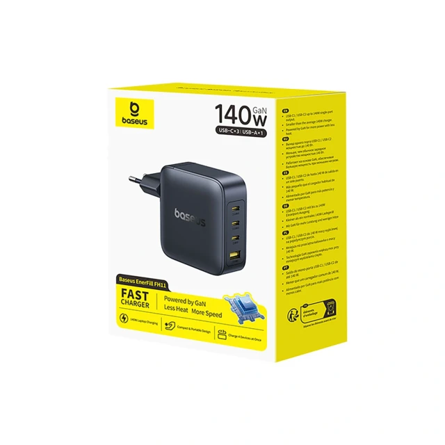 Мережевий зарядний пристрій Baseus EnerFill FH11 GaN 140W 3xUSB-A + 1xUSB-C чорний (6932172698812)