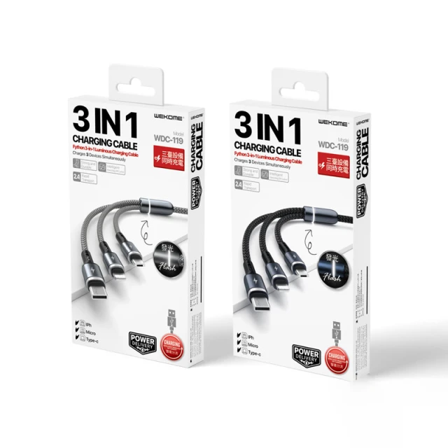 Кабель Wekome WDC-119 Fython Series 3в1 USB-A к Lightning + USB-C + Micro USB PD 1.2 м Silver (WK-WDC-119_SILVER)