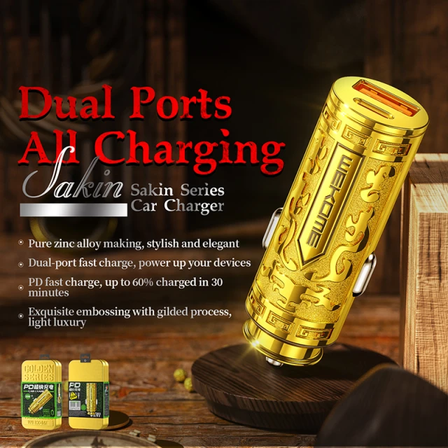Автомобільний зарядний пристрій Wekome Sakin Series USB-C & USB-A Fast Charging PD 20W Gold (WK-WP-C37)