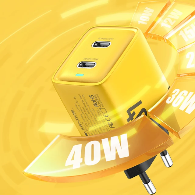Зарядний пристрій Wekome WP-U128 2x USB-C GaN 40W Yellow (WK-WP-U128)