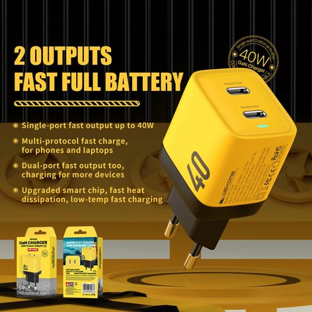 Зарядний пристрій Wekome WP-U128 2x USB-C GaN 40W Yellow (WK-WP-U128)