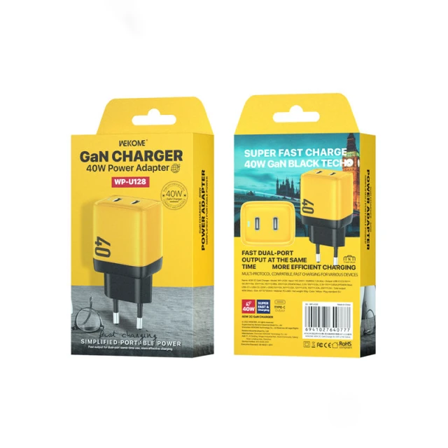 Зарядний пристрій Wekome WP-U128 2x USB-C GaN 40W Yellow (WK-WP-U128)