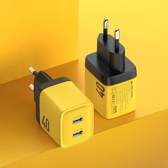 Зарядний пристрій Wekome WP-U128 2x USB-C GaN 40W Yellow (WK-WP-U128)