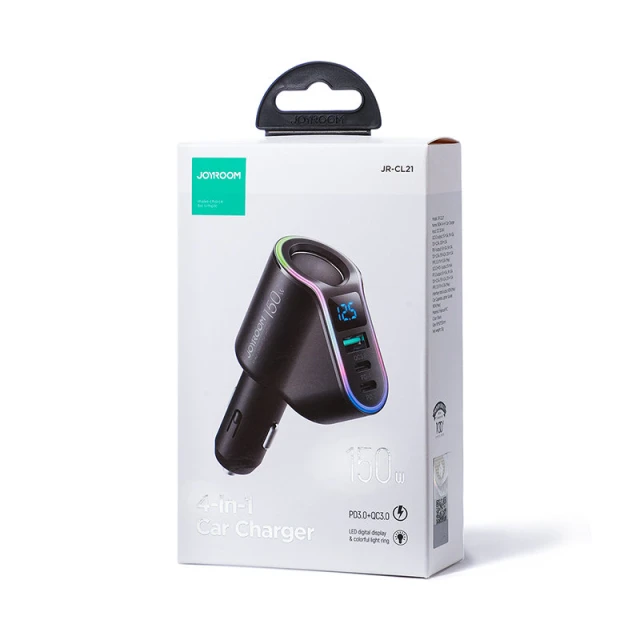 Автомобільний зарядний пристрій Joyroom Fast Charger 2xUSB-C/USB-A 150W Black with USB-C Cable (JR-CL21)