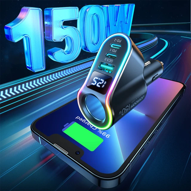Автомобільний зарядний пристрій Joyroom Fast Charger 2xUSB-C/USB-A 150W Black with USB-C Cable (JR-CL21)