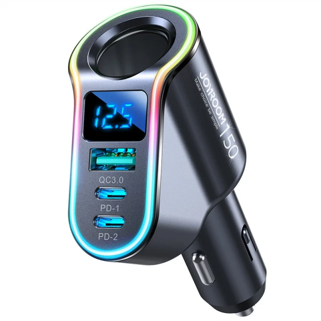 Автомобільний зарядний пристрій Joyroom Fast Charger 2xUSB-C/USB-A 150W Black with USB-C Cable (JR-CL21)