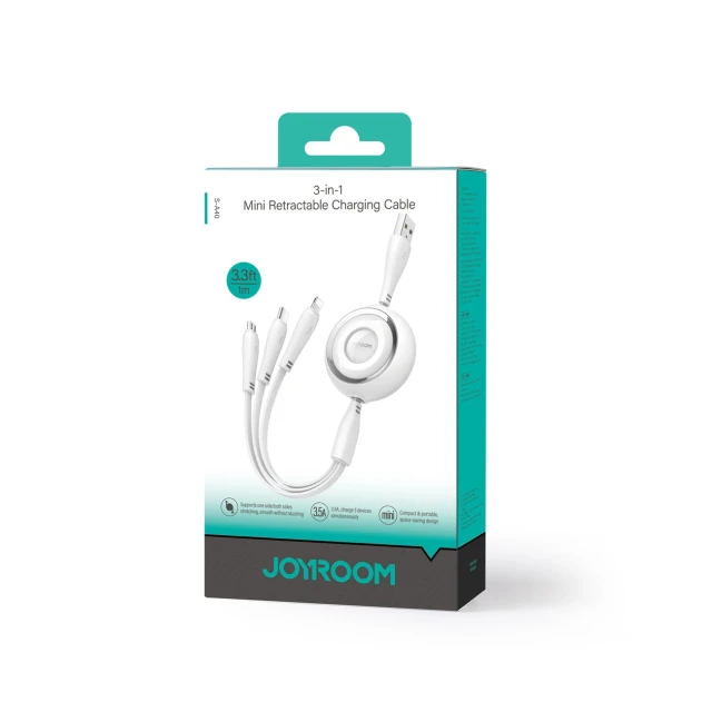 Кабель Joyroom Colorful Series Retractable USB-A to USB-C/Lightning/micro USB 1 m White (S-A40_W)