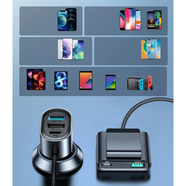 Автомобільний зарядний пристрій Joyroom 3x USB-A/2x USB-C 72W 1.5m Black (JR-CL05)