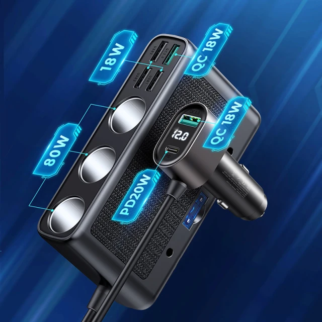 Автомобільний зарядний пристрій Joyroom 9-in-1 5x USB-A/USB-C/3x Cigarette Lighter Socket 154W Black (JR-CL06)