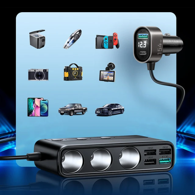 Автомобільний зарядний пристрій Joyroom 9-in-1 5x USB-A/USB-C/3x Cigarette Lighter Socket 154W Black (JR-CL06)