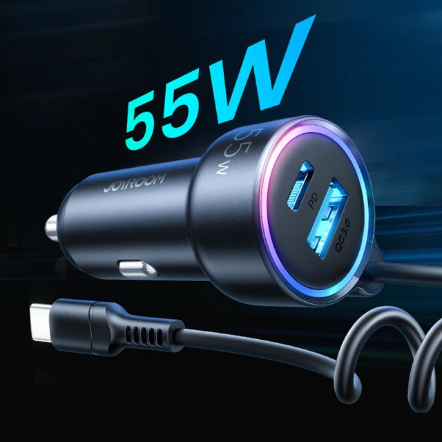 Автомобільний зарядний пристрій Joyroom 3-in-1 USB-A/USB-C with USB-C Cable 55W 1.5m Black (JR-CL07)