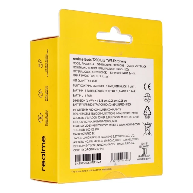 Навушники бездротові Realme Buds T200 Lite Black (6941764454286)