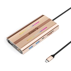 Docking Station USB-C Orico XDR 12in1 RGB 3x USB-A 1x USB-C PD 100W 1x HDMI 4K 1x VGA 1x RJ45 Gigabit Card Reader SD/microSD Rose Gold (6941788803855)