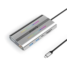 Станція докування USB-C Orico XDR 12в1 RGB USB-A USB-C 2x HDMI 4K 60Hz DisplayPort 4K 60Hz RJ45 Gigabit PD 100W картридер SD/microSD Silver (694178880