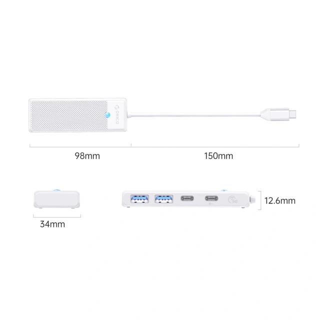 Хаб USB Orico PAPW2AC-C3 4-портовий 2xUSB-A 3.0 1xUSB-C 3.0 PD 100W (6941788869172)