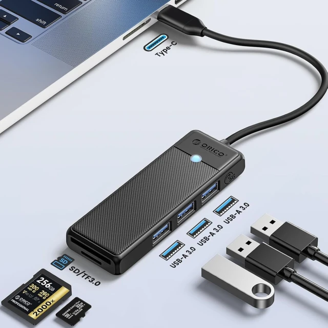 Hub USB Orico PAPW3AT-U3 4-port 3xUSB-A 3.0 з картрідером microSD/SD Black