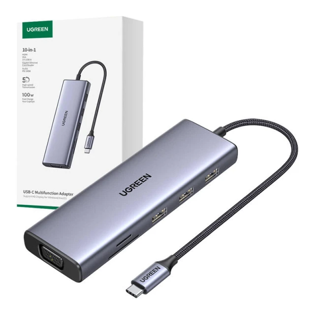 USB-хаб Ugreen USB-C to 3x USB-A | HDMI 4K | VGA | RJ45 | SD/TF | PD 100W Grey (CM498)