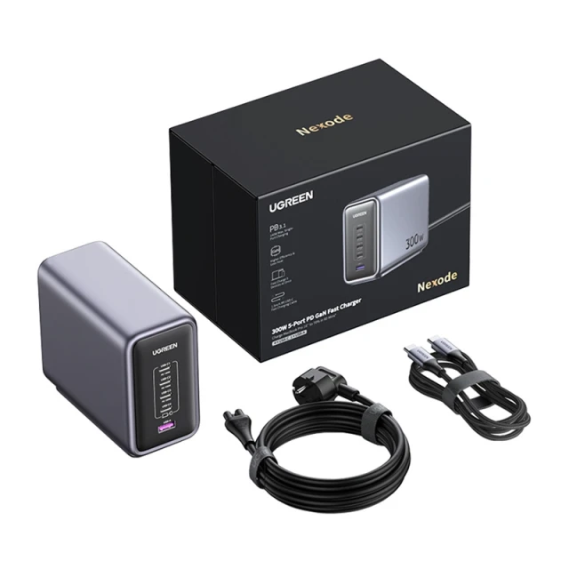 Мережевий зарядний пристрій Ugreen CD333 Nexode 300W GaN USB-A  | 4x USB-C with Cable USB-C Black (6941876221820)