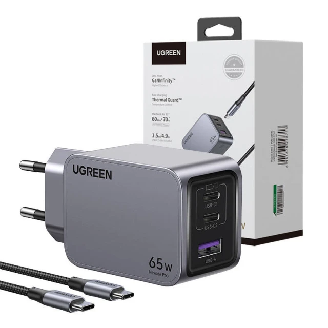 Мережевий зарядний пристрій Ugreen Nexode Pro 65W USB-A | 2x USB-C with Cable USB-C 1.5 m  Black (6941876228713)