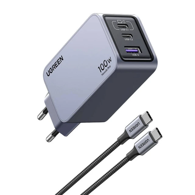 Мережевий зарядний пристрій Ugreen Nexode Pro 100W GaN USB-A | 2x USB-C Grey (6941876228744)
