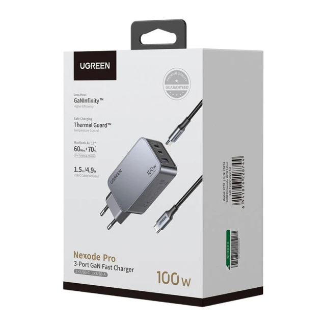 Мережевий зарядний пристрій Ugreen Nexode Pro 100W GaN USB-A | 2x USB-C Grey (6941876228744)