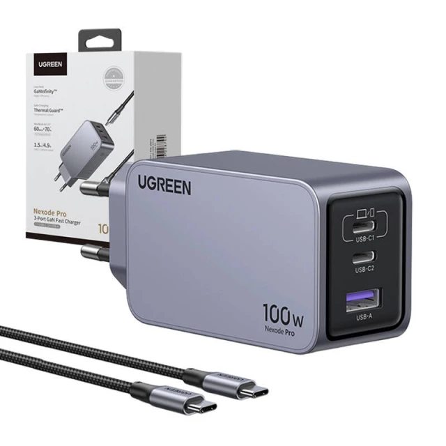Мережевий зарядний пристрій Ugreen Nexode Pro 100W GaN USB-A | 2x USB-C Grey (6941876228744)