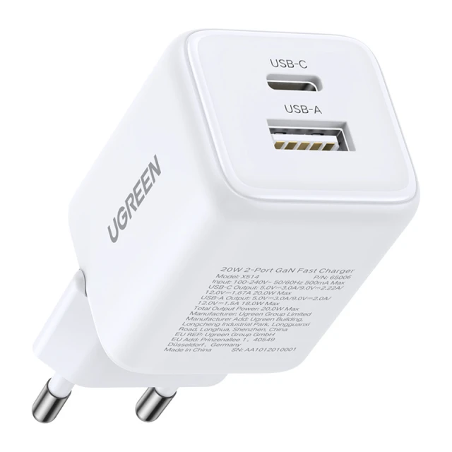 Мережевий зарядний пристрій Ugreen X514 USB + USB-C, GaN, 20W White (65006)