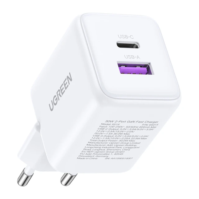 Мережевий зарядний пристрій Ugreen X516 USB + USB-C, GaN, 30W White (65015)