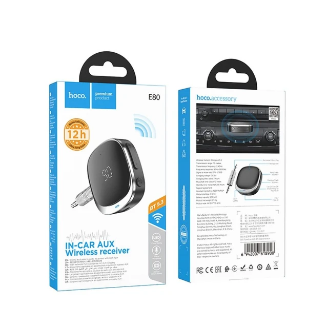 Адаптер AUX Hoco E80 Bluetooth Jack 3.5 mm з дисплеєм Black (6942007618908)