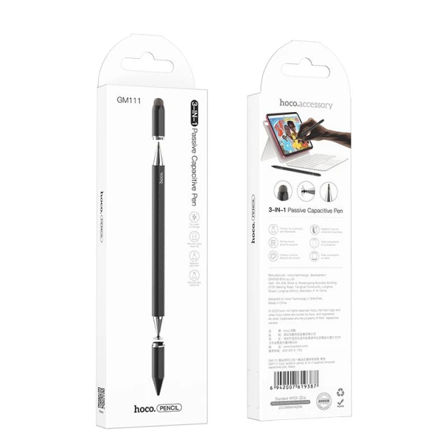 Стилус пасивний 3в1 Hoco GM111 Black (6942007619387)