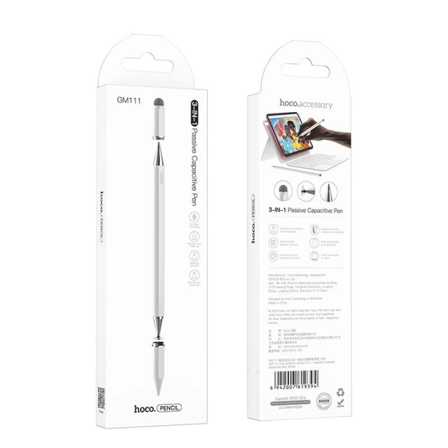 Стилус пасивний Hoco GM111 3в1 White (6942007619394)