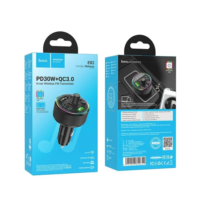 FM-трансмітер Hoco E82 Bluetooth 2xUSB-A + USB-C QC3.0 PD 30W Black (6942007620642)