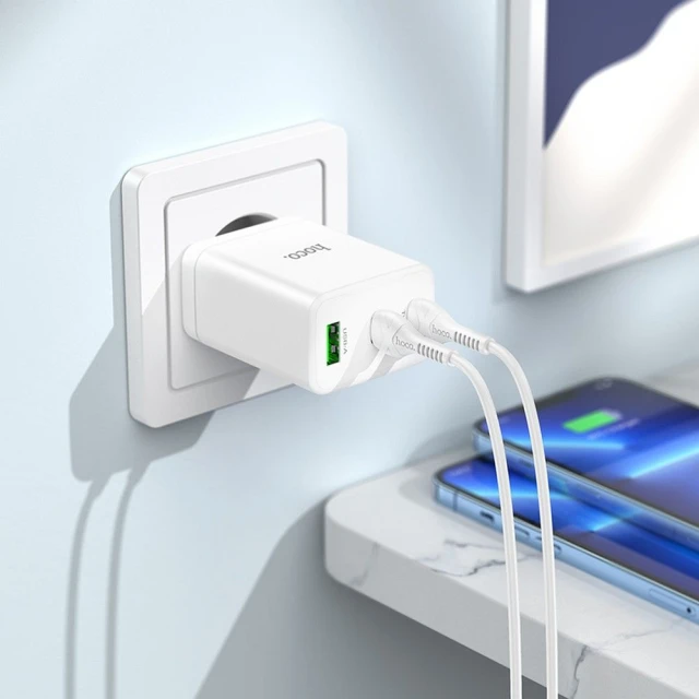 Мережевий зарядний пристрій Hoco N33 2 x USB C + USB A QC3.0 PD 3A 35W + кабель USB C to Lightning White (6942007621083)