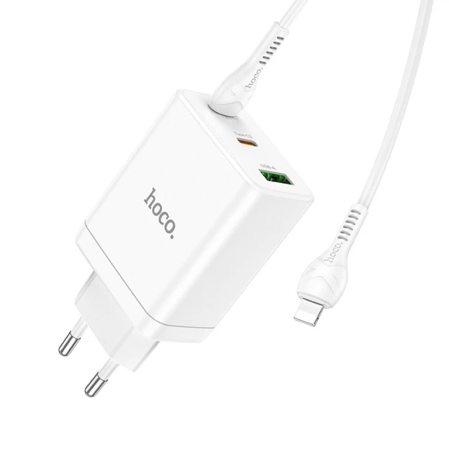 Мережевий зарядний пристрій Hoco N33 2 x USB C + USB A QC3.0 PD 3A 35W + кабель USB C to Lightning White (6942007621083)