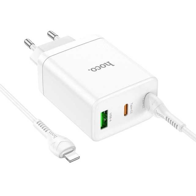 Мережевий зарядний пристрій Hoco N33 2 x USB C + USB A QC3.0 PD 3A 35W + кабель USB C to Lightning White (6942007621083)