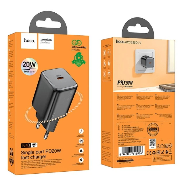 Мережевий зарядний пристрій Hoco N40 USB C QC PD 20W Black (6942007622011)