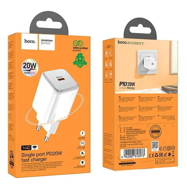 Мережевий зарядний пристрій Hoco N40 USB C QC PD 20W White (6942007622028)