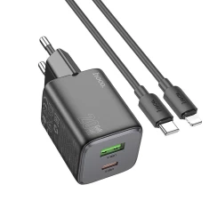 Мережевий зарядний пристрій Hoco N41 USB-A + USB-C QC PD 20W + кабель USB-C to Lightning Black (6942007622097)
