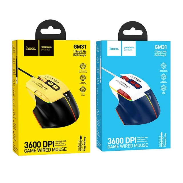 Мишка дротова ігрова Hoco GM31 USB A 3600 dpi White Blue (6942007629218)