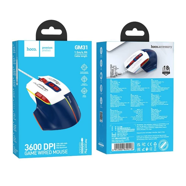 Мишка дротова ігрова Hoco GM31 USB A 3600 dpi White Blue (6942007629218)
