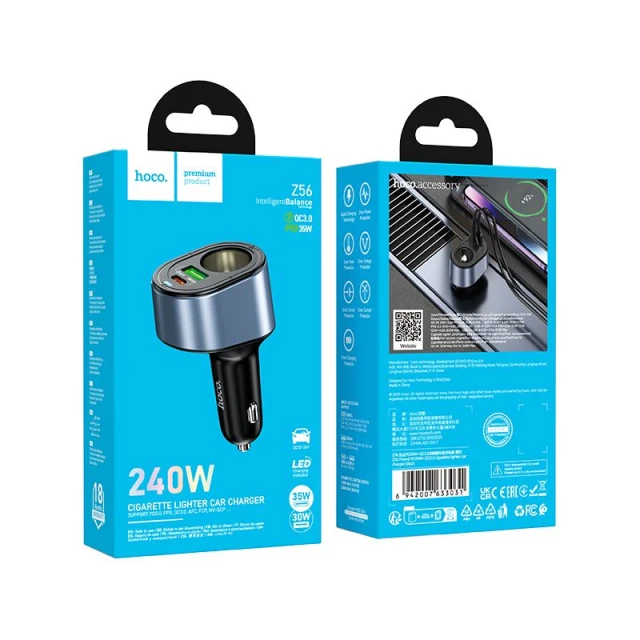 Автозарядка Hoco Z56 USB-A + USB-C + роз'єм прикурювача PD QC3.0 3A 35W Black (6942007633031)