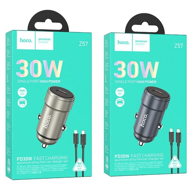 Автомобільний зарядний пристрій Hoco Z57 USB C QC3.0 PD 30W + кабель USB C до Lightning Grey (6942007633062)