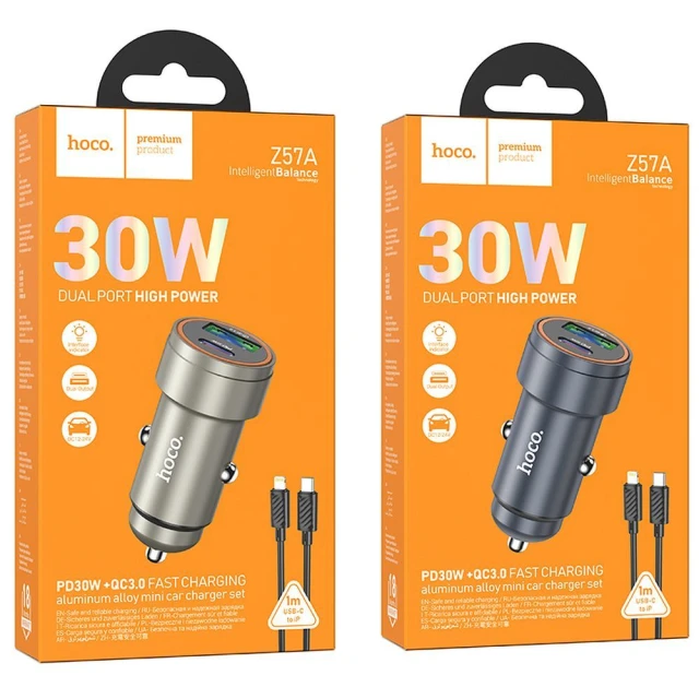 Автомобільний зарядний пристрій Hoco Z57A USB A + USB C QC3.0 PD 30W + кабель USB C до Lightning Black (6942007633123)