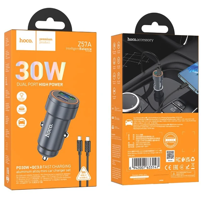 Автомобільний зарядний пристрій Hoco Z57A USB A + USB C QC3.0 PD 30W + кабель USB C до USB C Black (6942007633147)