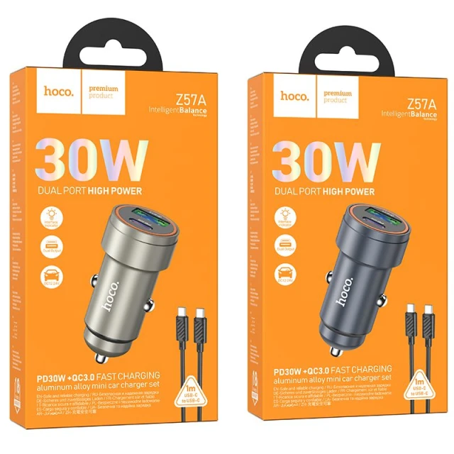Автомобільний зарядний пристрій Hoco Z57A USB A + USB C QC3.0 PD 30W + кабель USB C до USB C Black (6942007633147)