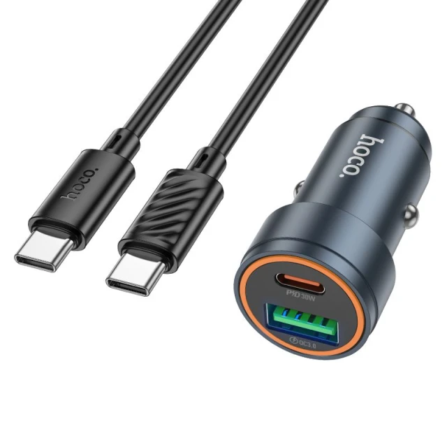 Автомобільний зарядний пристрій Hoco Z57A USB A + USB C QC3.0 PD 30W + кабель USB C до USB C Black (6942007633147)